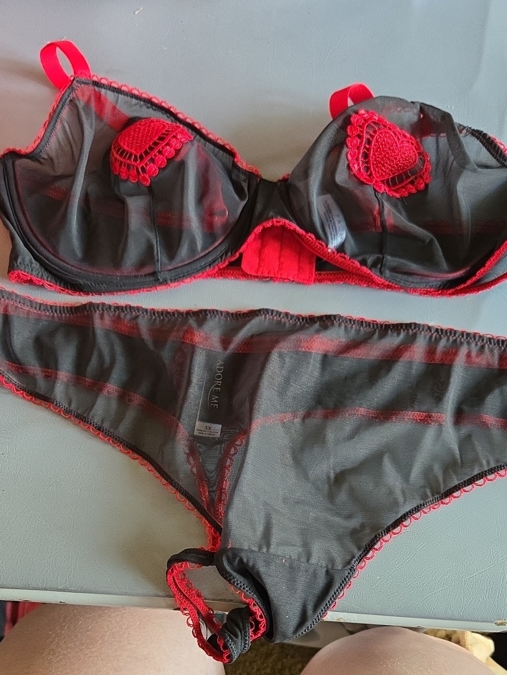 Adore Me Black Sheer Bra & Thong Panty Set with Red Lace Accents
